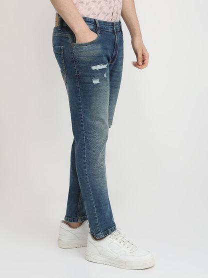 Parx Men Blue Knitted Low Rise Tapered Fit Cotton Blend Jeans