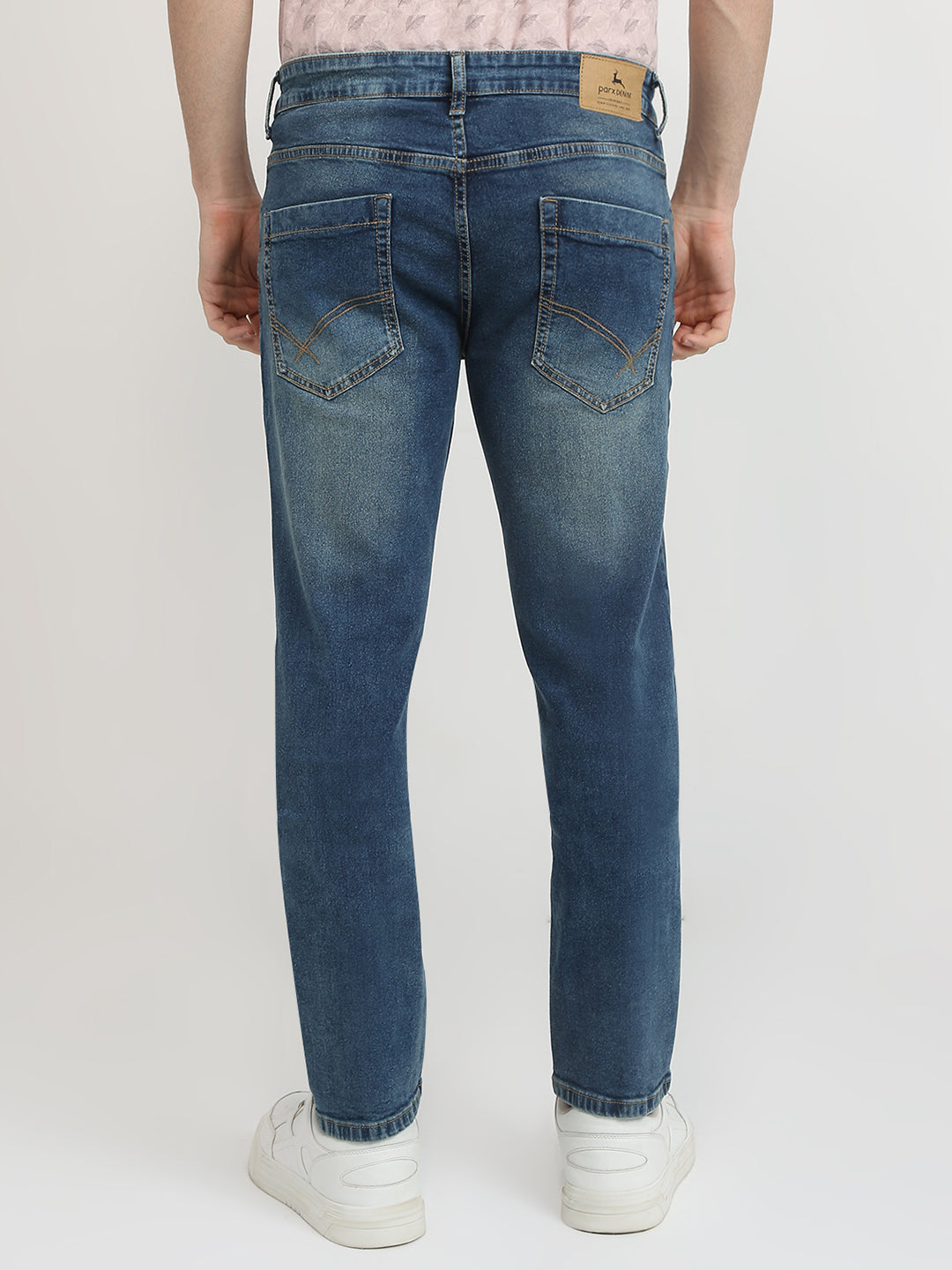 Parx Men Blue Knitted Low Rise Tapered Fit Cotton Blend Jeans