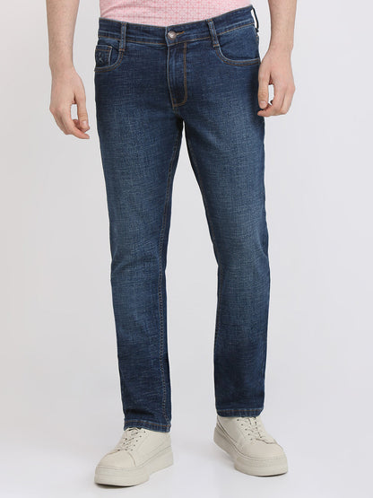 Parx Men Blue Knitted Low Rise Tapered Fit Cotton Blend Jeans