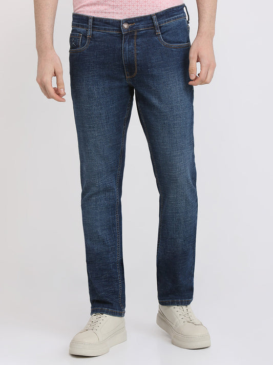 Parx Men Blue Knitted Low Rise Tapered Fit Cotton Blend Jeans