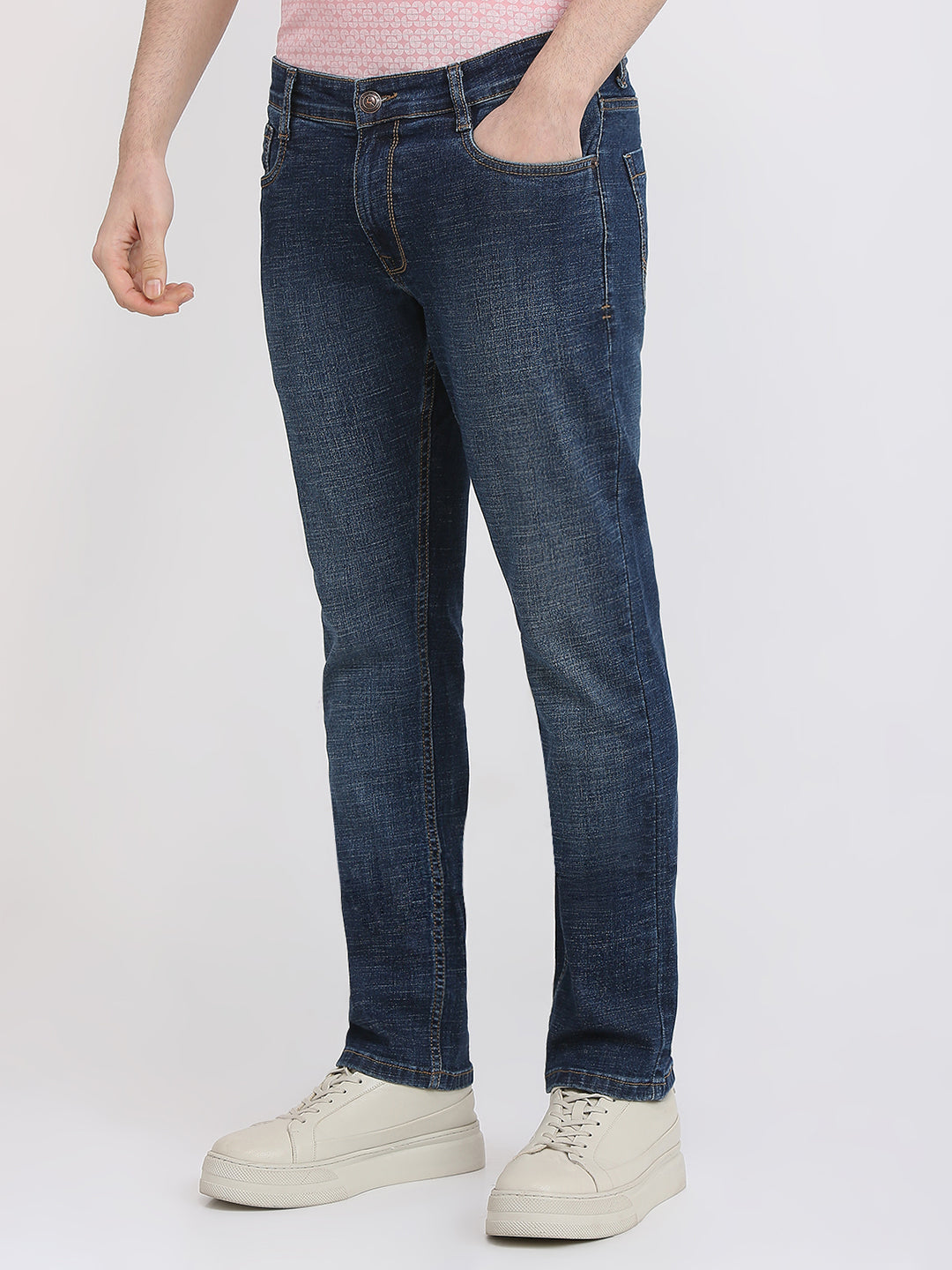 Parx Men Blue Knitted Low Rise Tapered Fit Cotton Blend Jeans