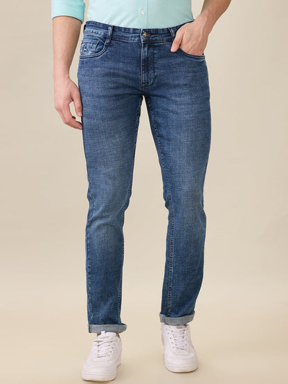 Parx Men Blue Knitted Low Rise Tapered Fit Cotton Blend Jeans