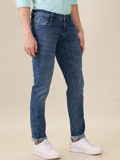 Parx Men Blue Knitted Low Rise Tapered Fit Cotton Blend Jeans