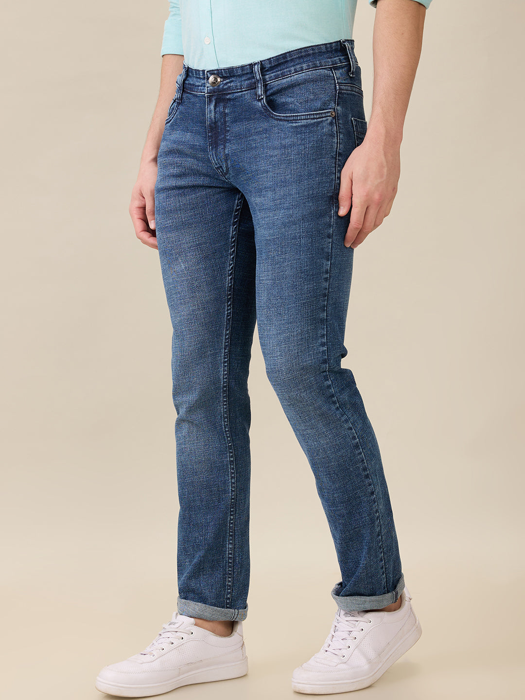 Parx Men Blue Knitted Low Rise Tapered Fit Cotton Blend Jeans