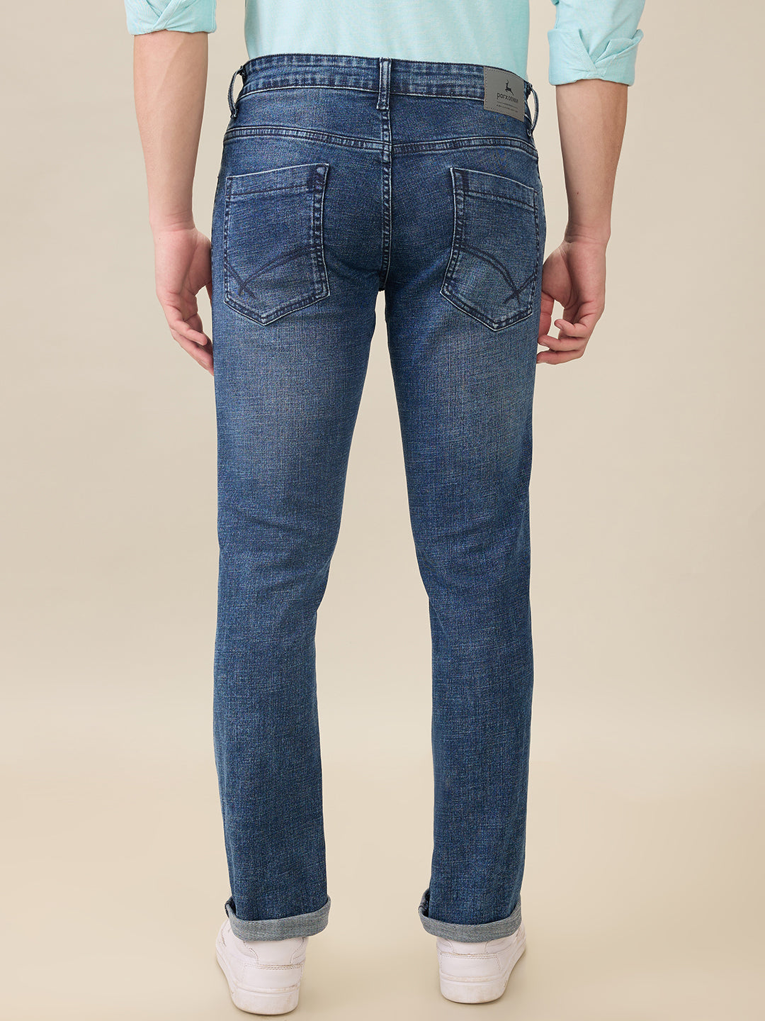 Parx Men Blue Knitted Low Rise Tapered Fit Cotton Blend Jeans