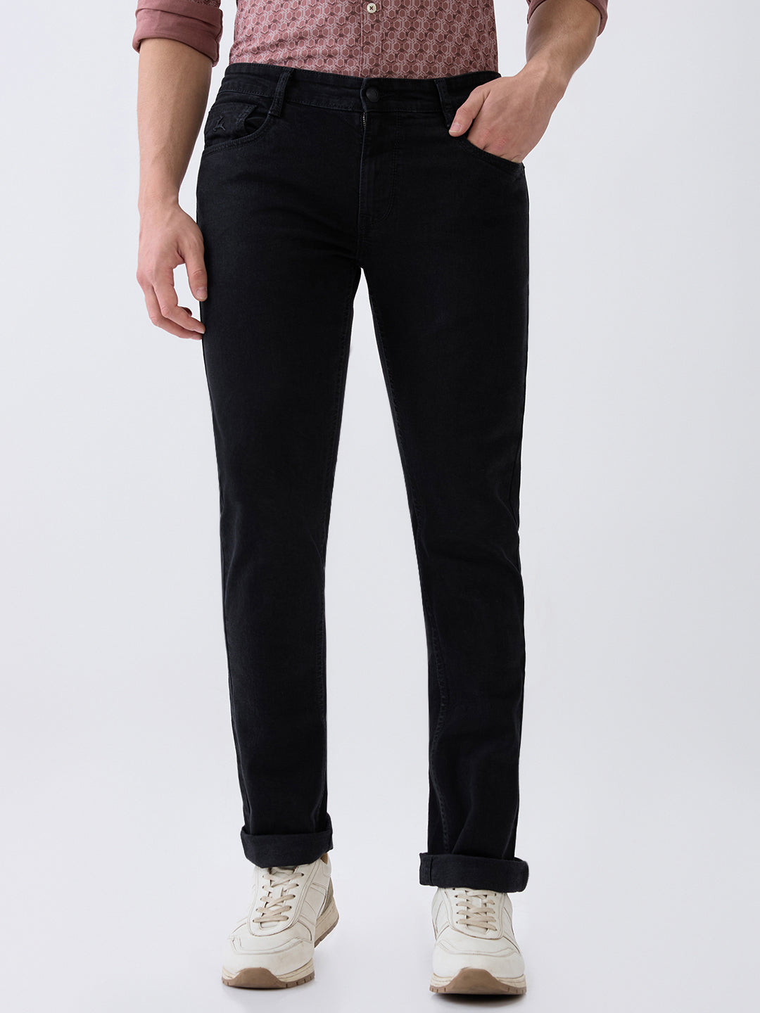 Parx Men Black Knitted Low Rise Tapered Fit Cotton Blend Jeans