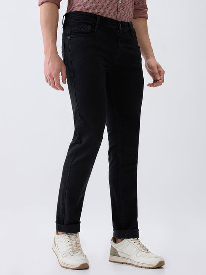 Parx Men Black Knitted Low Rise Tapered Fit Cotton Blend Jeans