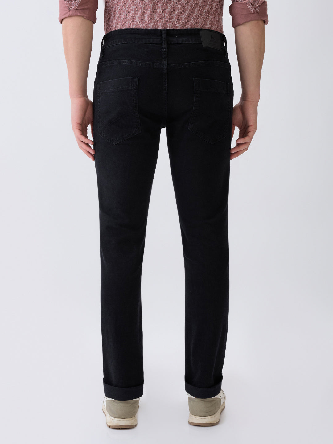 Parx Men Black Knitted Low Rise Tapered Fit Cotton Blend Jeans