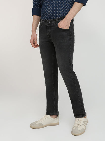 Parx Men Black Knitted Low Rise Tapered Fit Cotton Blend Jeans