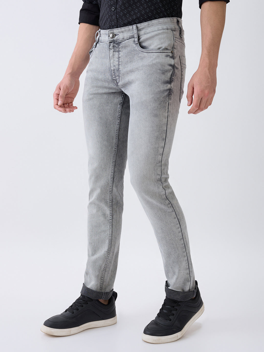 Parx Men Grey Knitted Low Rise Tapered Fit Cotton Blend Jeans