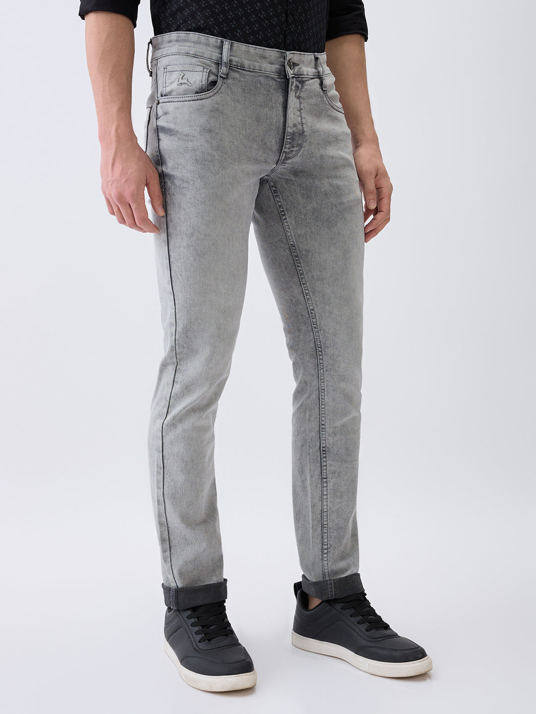 Parx Men Grey Knitted Low Rise Tapered Fit Cotton Blend Jeans