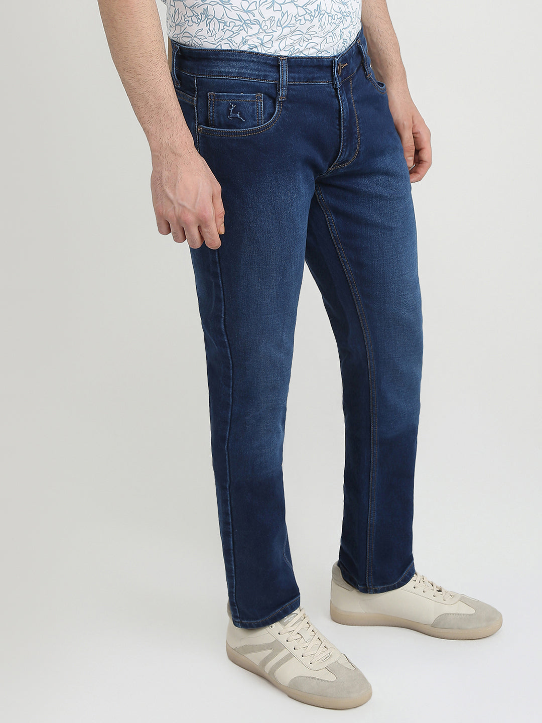 Parx Men Blue Knitted Low Rise Tapered Fit Cotton Blend Jeans