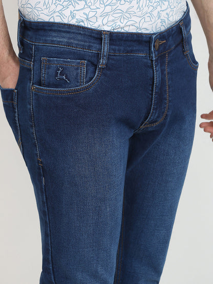 Parx Men Blue Knitted Low Rise Tapered Fit Cotton Blend Jeans