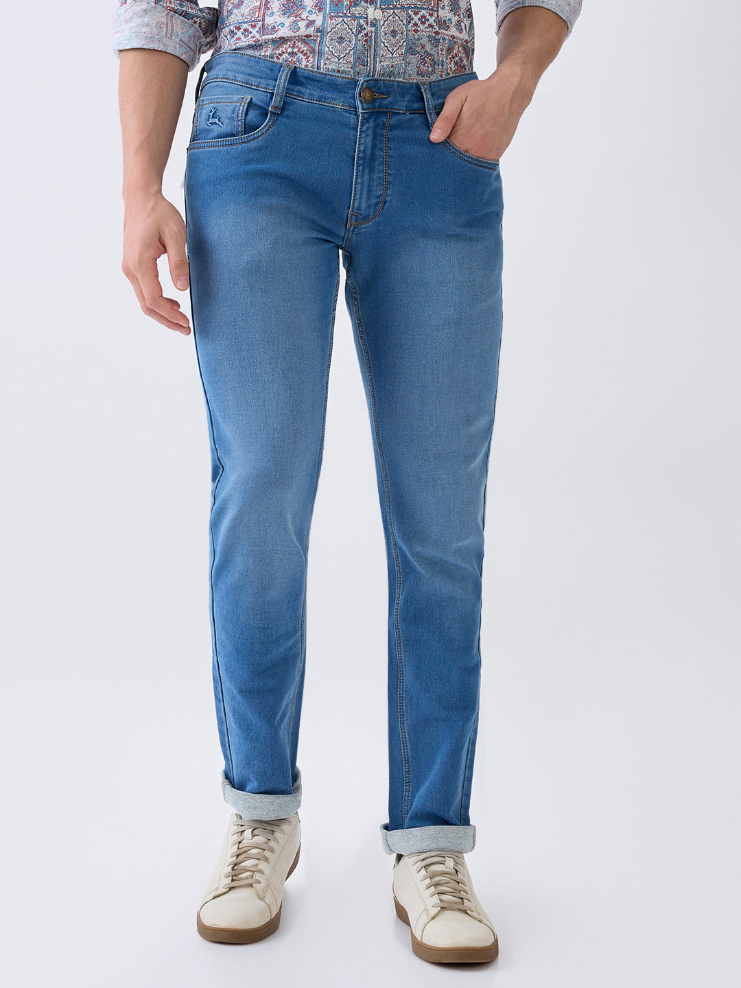 Parx Men Blue Knitted Low Rise Tapered Fit Cotton Blend Jeans