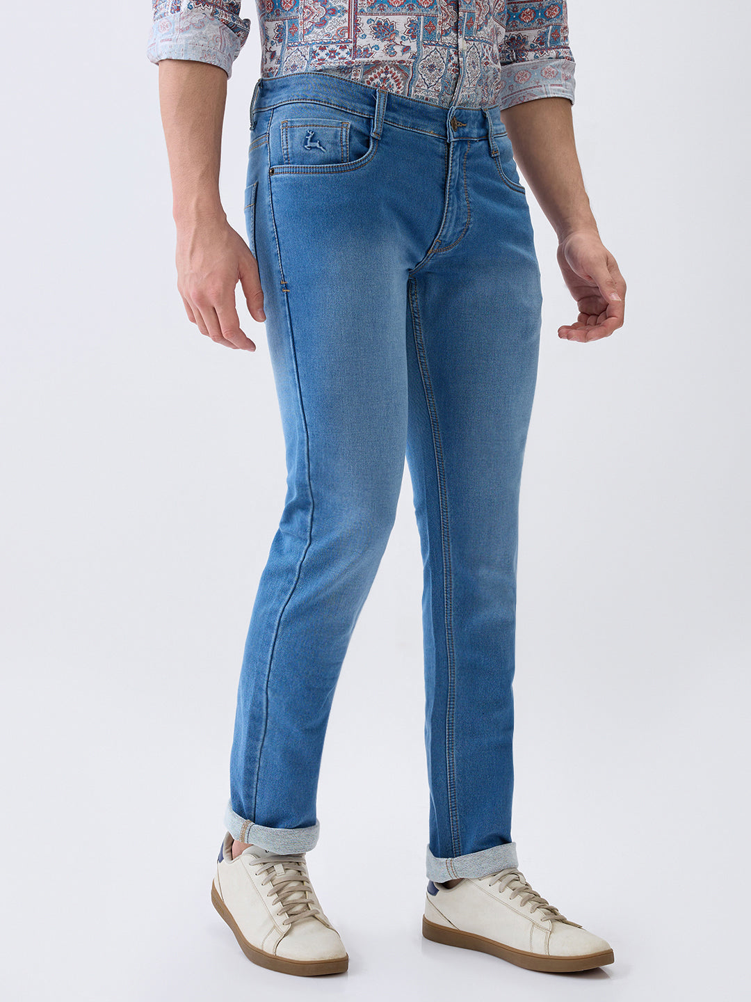 Parx Men Blue Knitted Low Rise Tapered Fit Cotton Blend Jeans