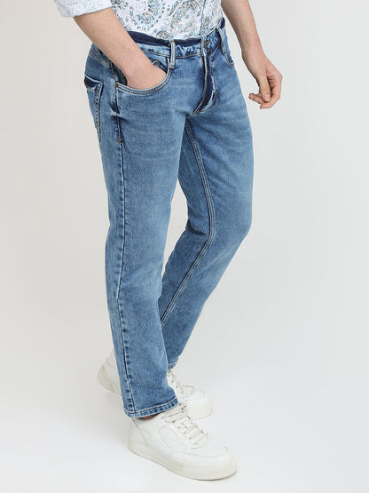 Parx Men Blue Knitted Low Rise Tapered Fit Cotton Blend Jeans