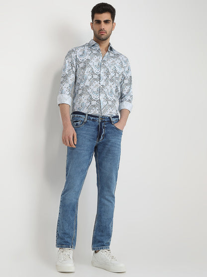 Parx Men Blue Knitted Low Rise Tapered Fit Cotton Blend Jeans