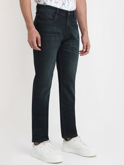 Parx Men Blue Knitted Mid Rise Straight Cotton Blend Jeans