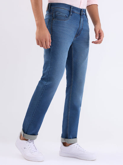 Parx Men Blue Knitted Mid Rise Straight Cotton Blend Jeans