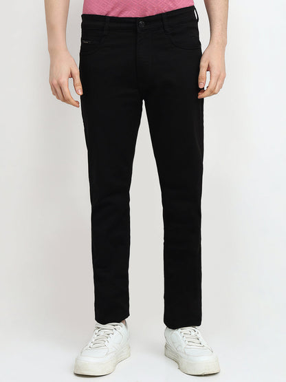 Parx Men Black Knitted Slim Tapered Fit Cotton Blend Jeans