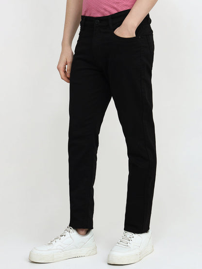Parx Men Black Knitted Slim Tapered Fit Cotton Blend Jeans