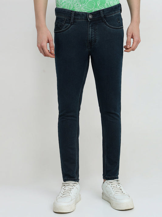 Parx Men Blue Knitted Low Rise Skinny Cropped Cotton Blend Jeans