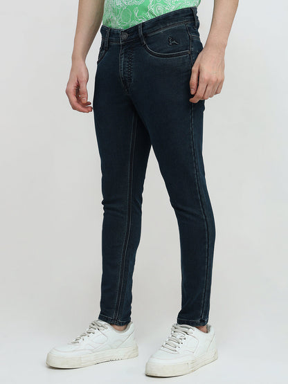 Parx Men Blue Knitted Low Rise Skinny Cropped Cotton Blend Jeans