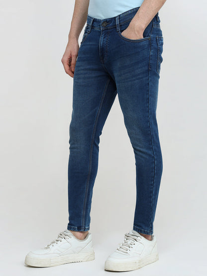 Parx Men Blue Knitted Low Rise Skinny Cropped Cotton Blend Jeans