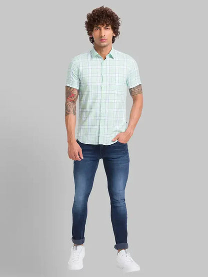 Men Blue Skinny Cropped Fit Dobby Cotton Blend Jeans