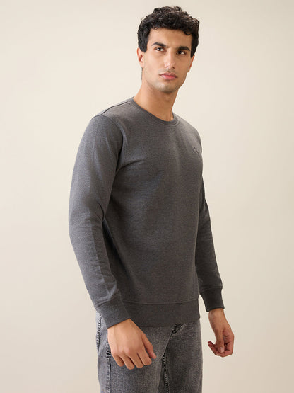 Parx Men Grey Solid Regular Fit Cotton Blend Full Sleeve Round Neck Collar Sweatshirt
