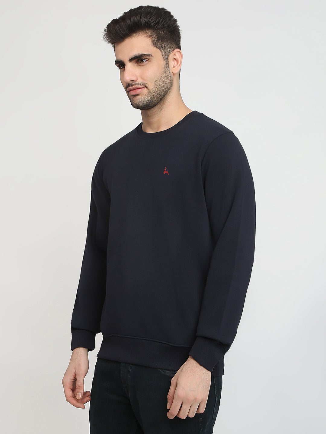 Parx Men Blue Solid Regular Fit Cotton Blend Full Sleeve Round Neck Collar Sweatshirt