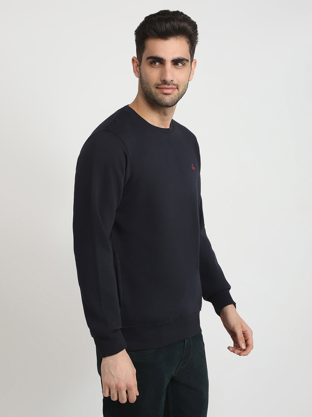 Parx Men Blue Solid Regular Fit Cotton Blend Full Sleeve Round Neck Collar Sweatshirt