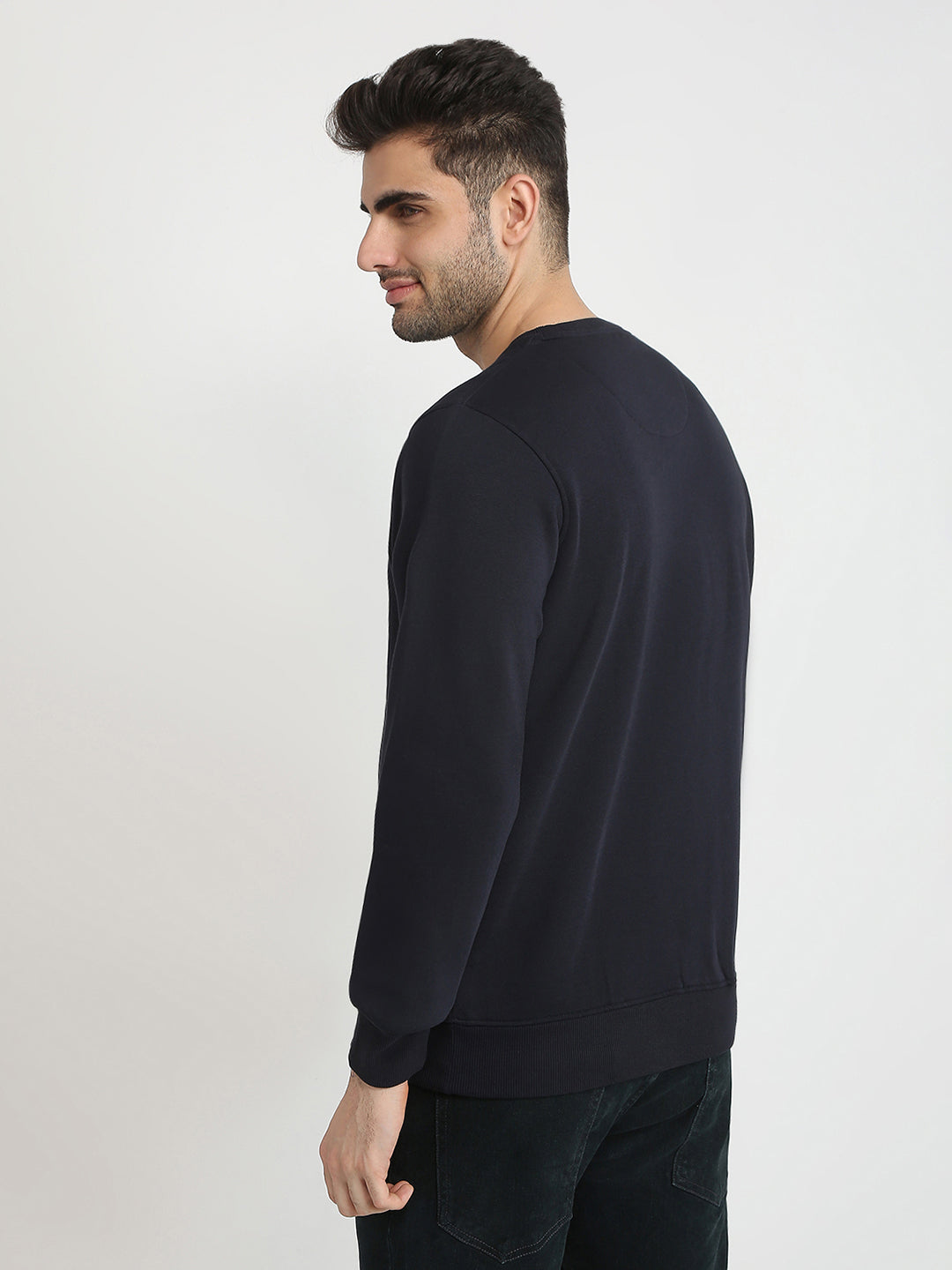 Parx Men Blue Solid Regular Fit Cotton Blend Full Sleeve Round Neck Collar Sweatshirt