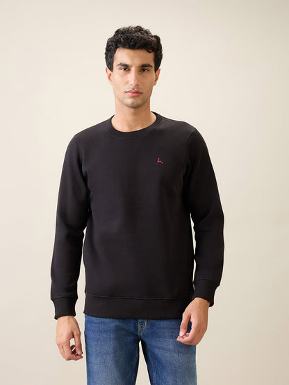 Parx Men Black Solid Regular Fit Cotton Blend Full Sleeve Round Neck Collar Sweatshirt