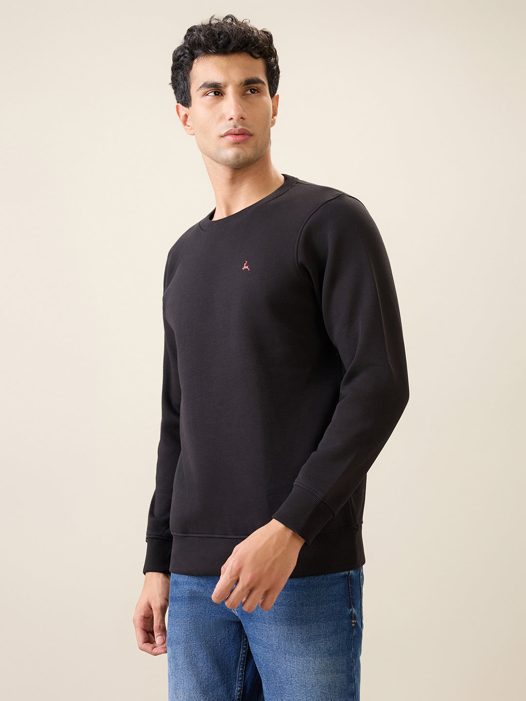 Parx Men Black Solid Regular Fit Cotton Blend Full Sleeve Round Neck Collar Sweatshirt