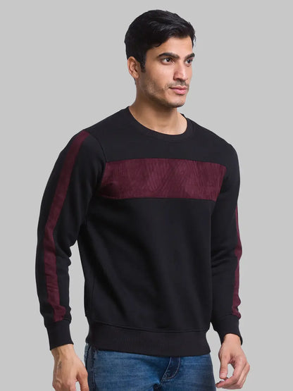 Men Black Regular Fit Cut & Sew Cotton Polyester Blend Round Collar Sweatshirts