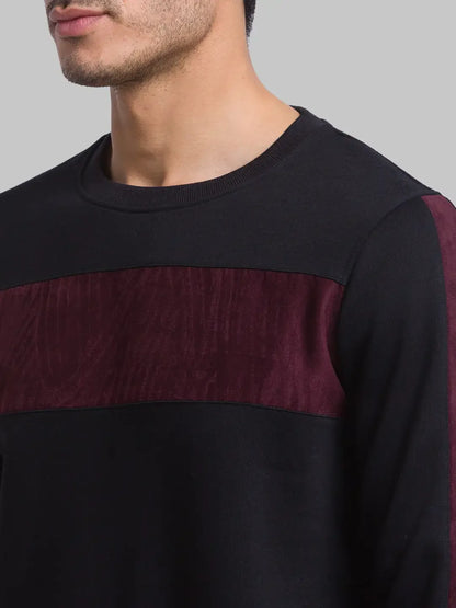 Men Black Regular Fit Cut & Sew Cotton Polyester Blend Round Collar Sweatshirts