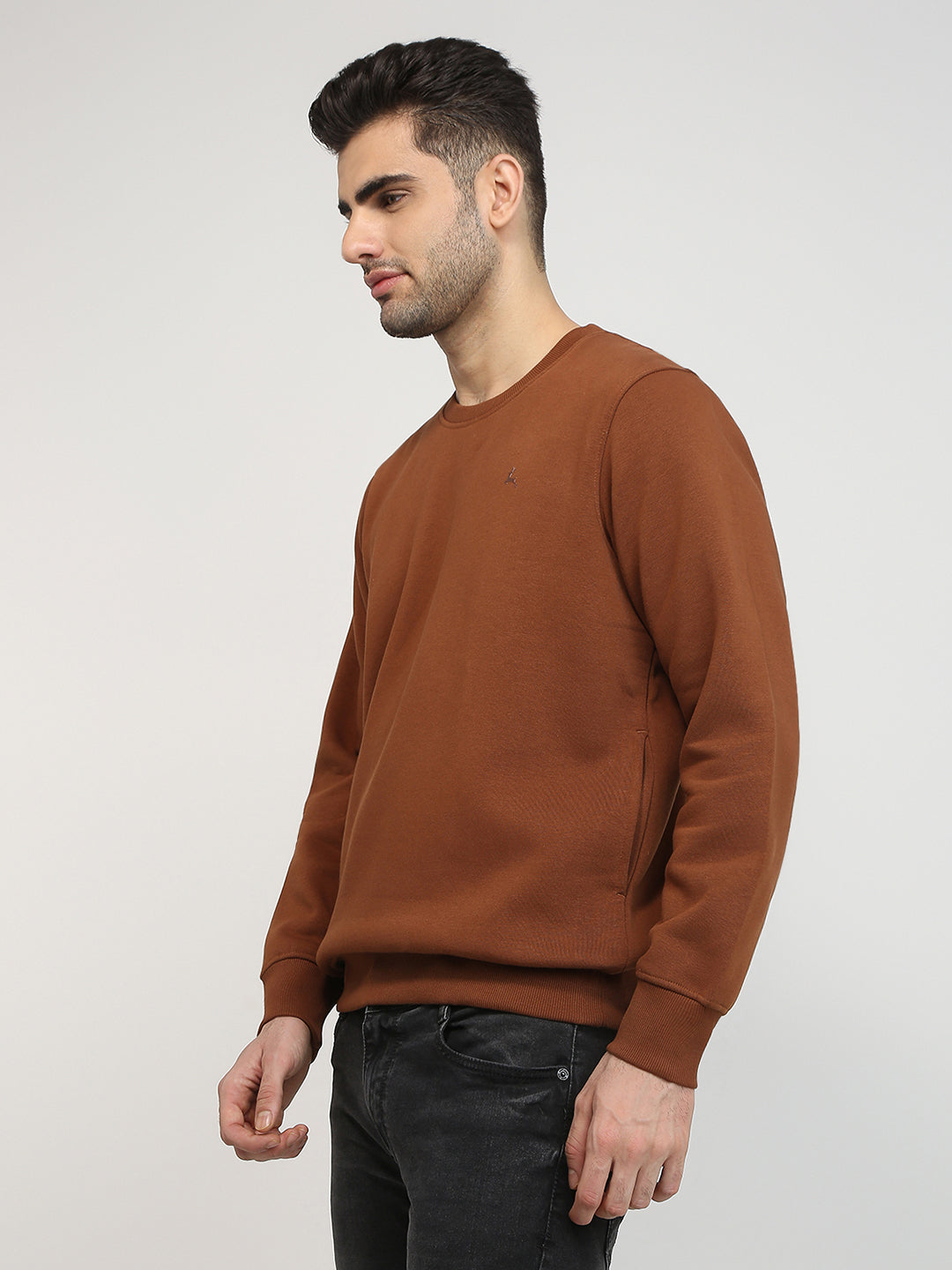 Parx Men Orange Solid Regular Fit Cotton Blend Full Sleeve Round Neck Collar Sweatshirt