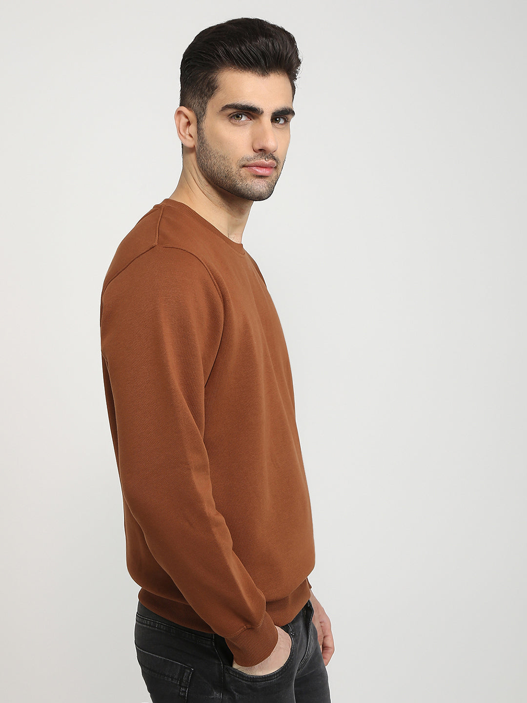 Parx Men Orange Solid Regular Fit Cotton Blend Full Sleeve Round Neck Collar Sweatshirt