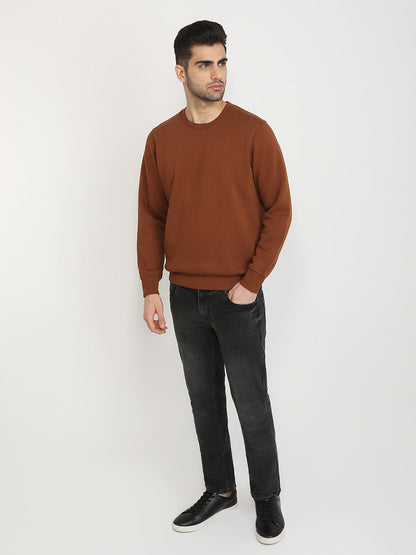 Parx Men Orange Solid Regular Fit Cotton Blend Full Sleeve Round Neck Collar Sweatshirt