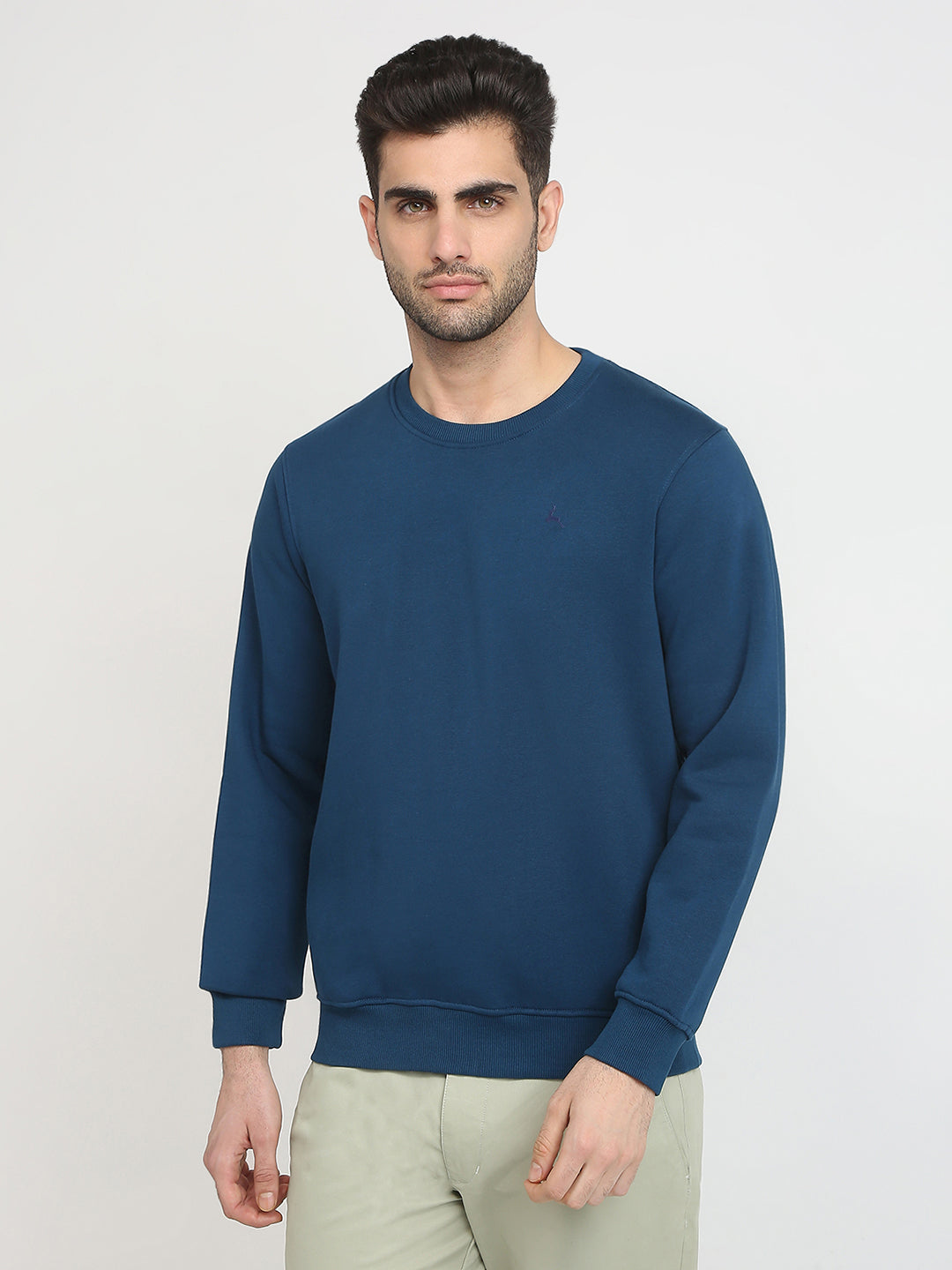 Parx Men Blue Solid Regular Fit Cotton Blend Full Sleeve Round Neck Collar Sweatshirt