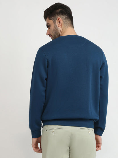 Parx Men Blue Solid Regular Fit Cotton Blend Full Sleeve Round Neck Collar Sweatshirt