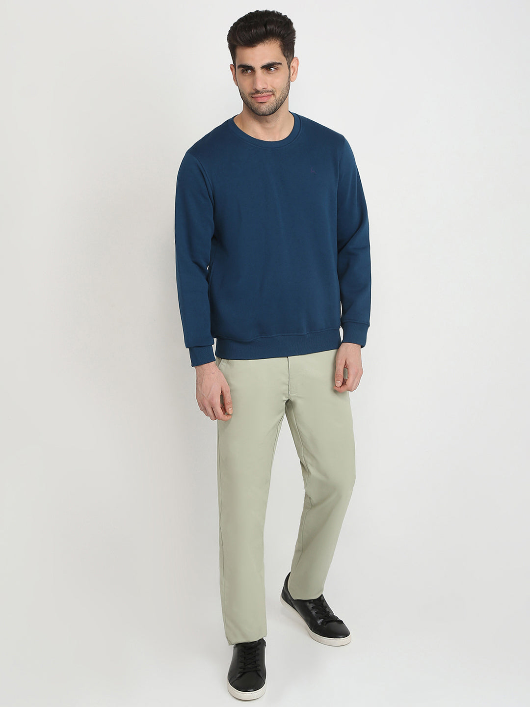 Parx Men Blue Solid Regular Fit Cotton Blend Full Sleeve Round Neck Collar Sweatshirt