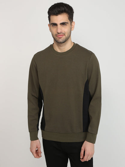 Parx Men Green Structure Regular Fit Cotton Blend Full Sleeve Round Neck Collar Sweatshirt