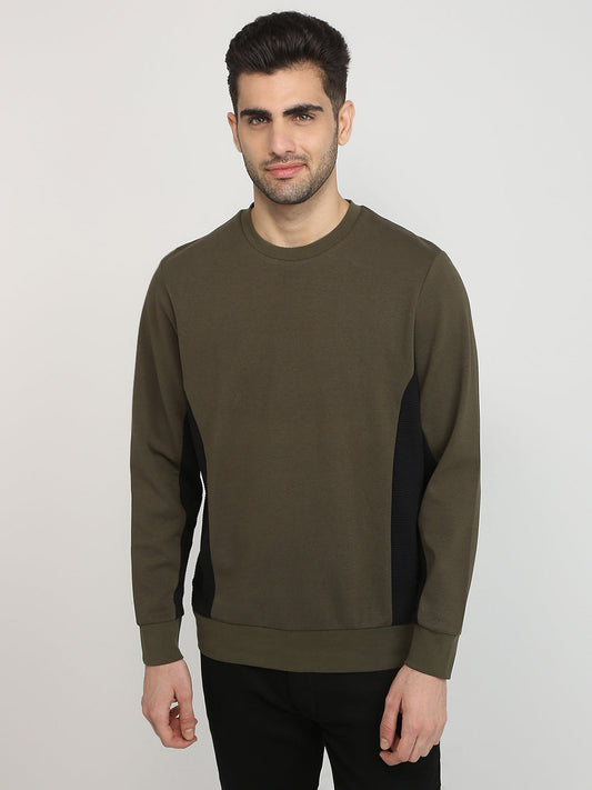 Parx Men Green Structure Regular Fit Cotton Blend Full Sleeve Round Neck Collar Sweatshirt