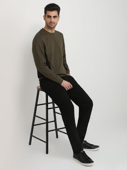 Parx Men Green Structure Regular Fit Cotton Blend Full Sleeve Round Neck Collar Sweatshirt