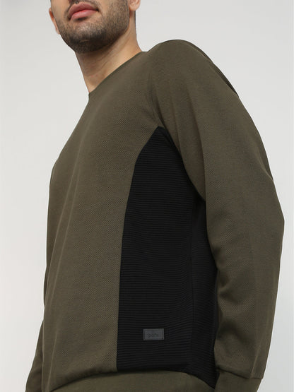 Parx Men Green Structure Regular Fit Cotton Blend Full Sleeve Round Neck Collar Sweatshirt
