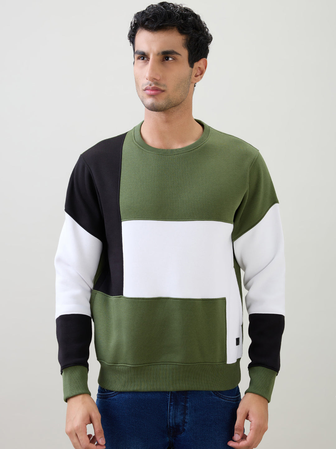 Parx Men Green Yarn Dyed Regular Fit Cotton Blend Full Sleeve Round Neck Collar Sweatshirt