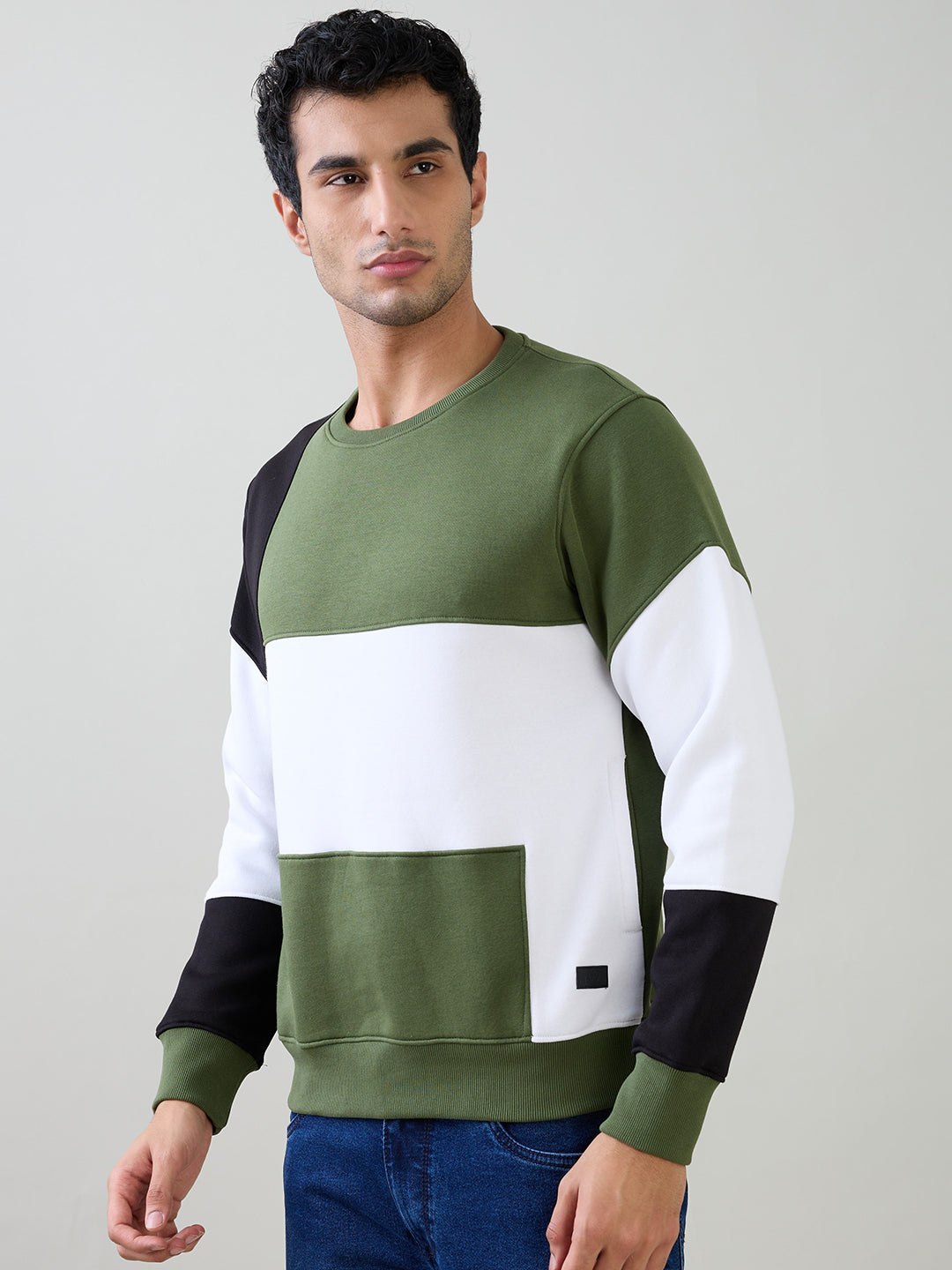 Parx Men Green Yarn Dyed Regular Fit Cotton Blend Full Sleeve Round Neck Collar Sweatshirt