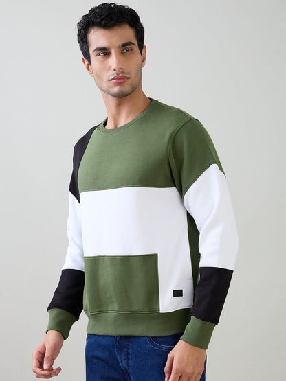 Parx Men Green Yarn Dyed Regular Fit Cotton Blend Full Sleeve Round Neck Collar Sweatshirt